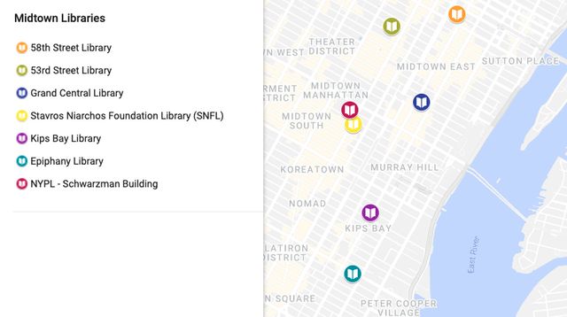 A photo of a map of the NYPL locations in Midtown